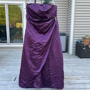 Strapless, plum-colored, plus-size, extra-long bridesmaid dress